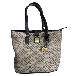 Dooney & Bourke Vintage Tan Monogram Push Lock Canvas Tote Purse Bag With Charm